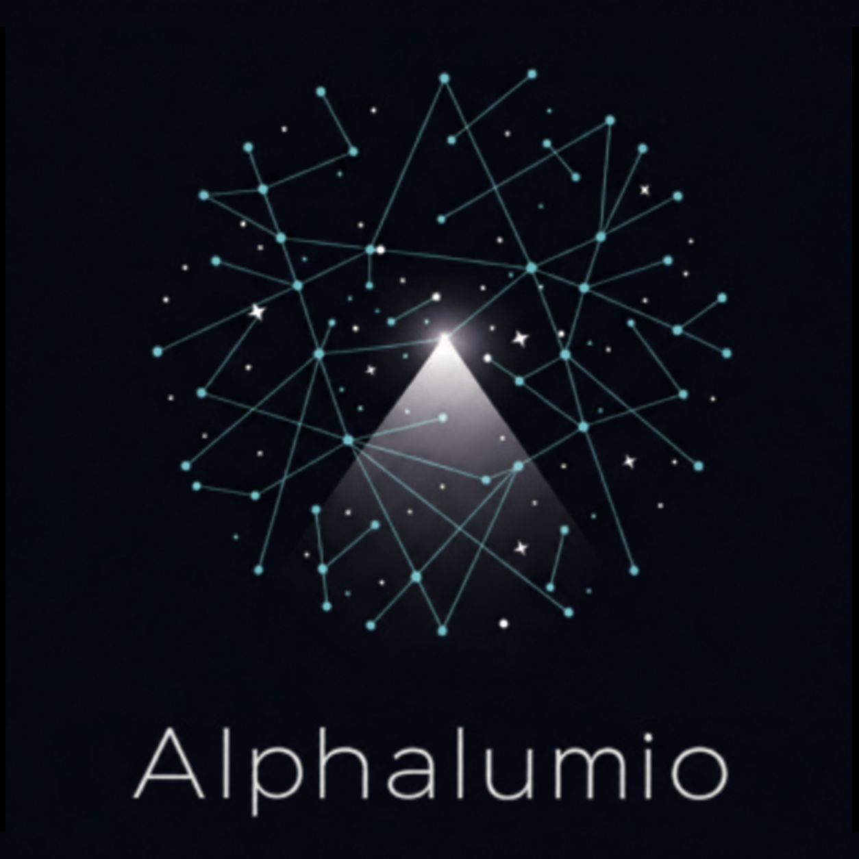 Alphalumio logo: a silver triangle, teal constellation, and Alphalumio lettering