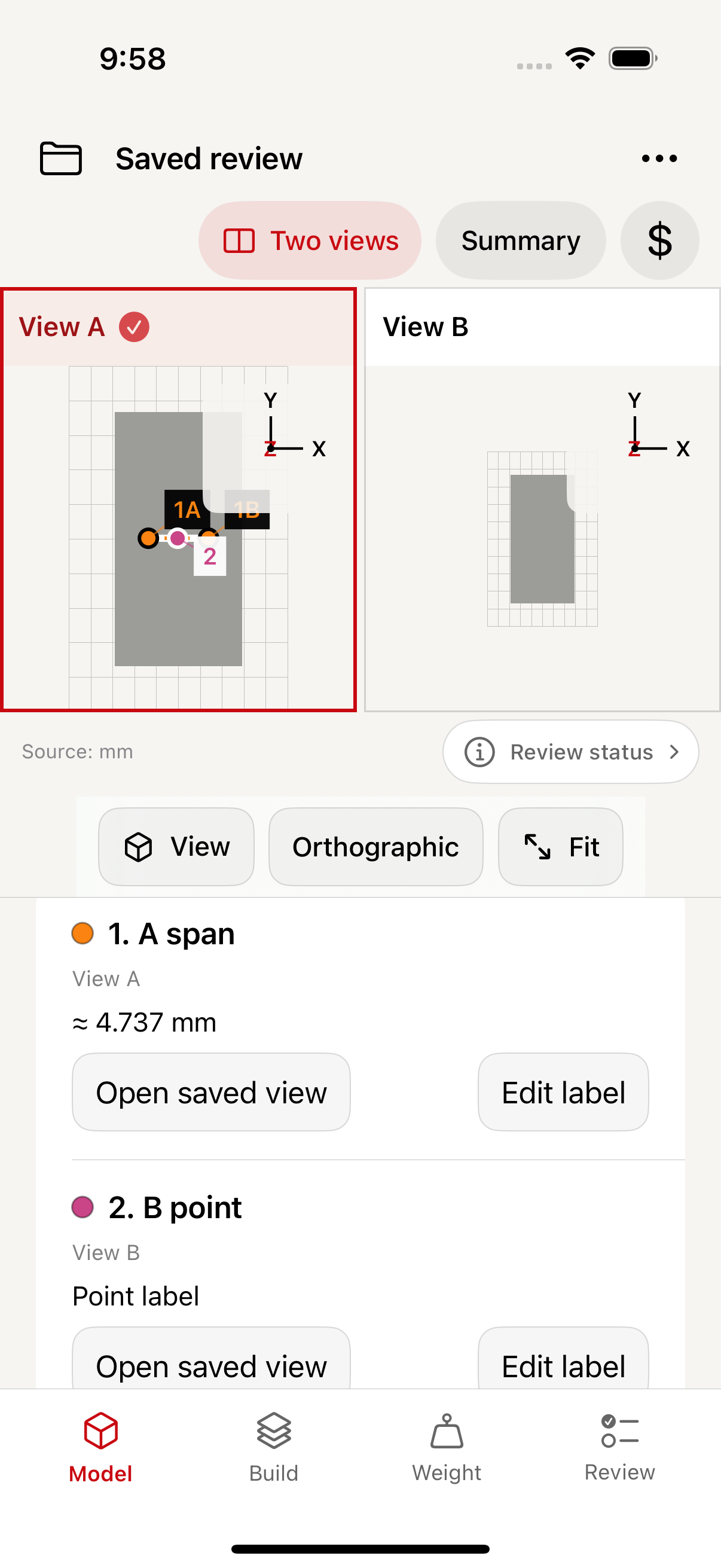 PocketAdditive showing two saved model views with coloured measurements and labels