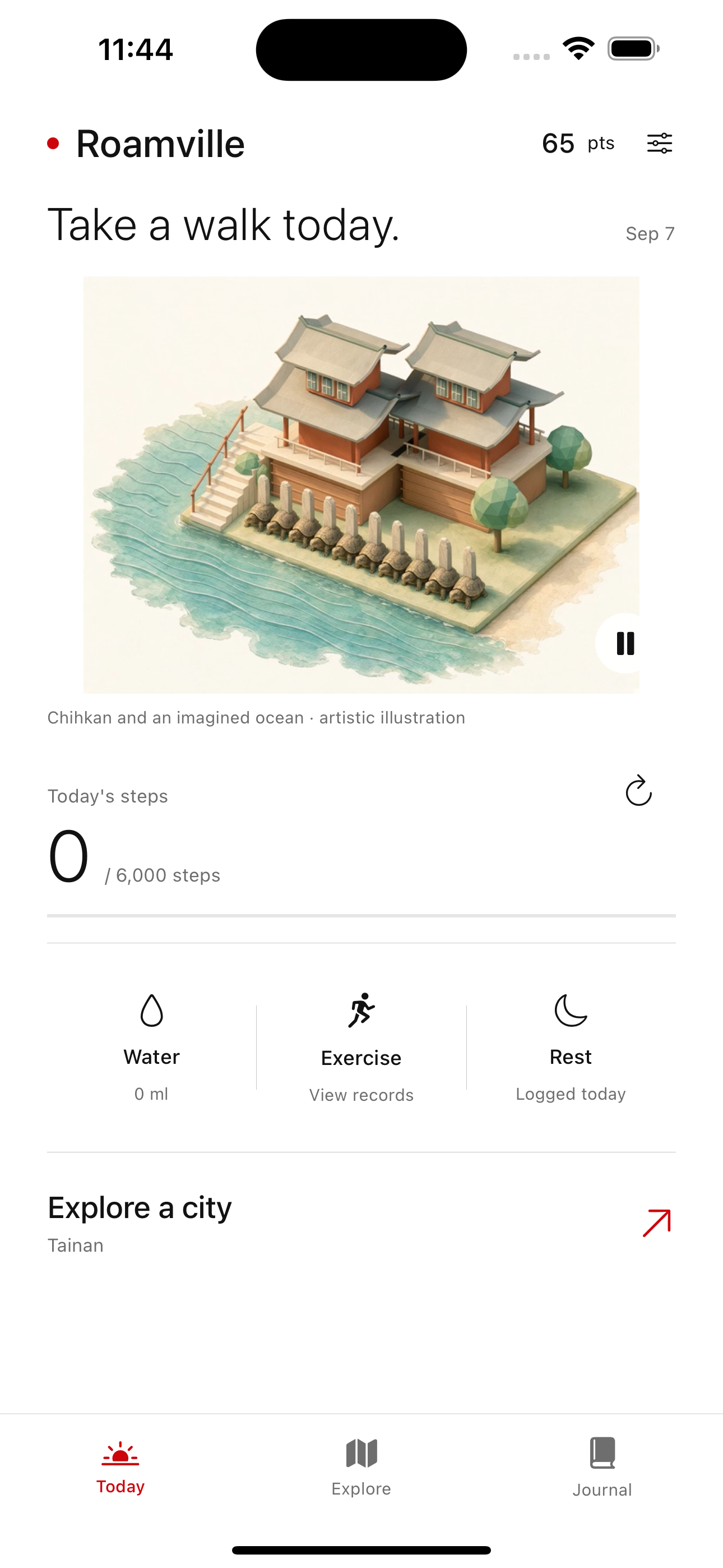 Roamville first-release Today screen with walking progress, water, exercise, rest, and city exploration